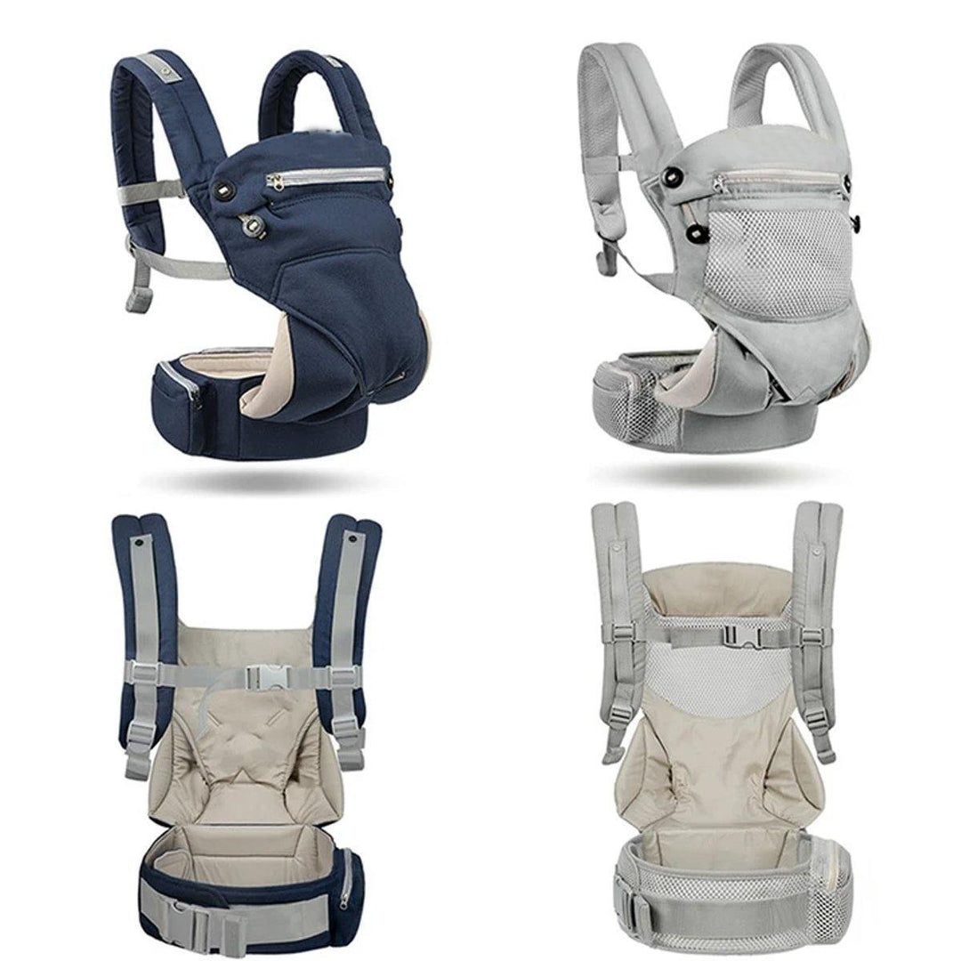 Close-up of ergonomic baby carrier fabric, showcasing breathable cotton material and buckles