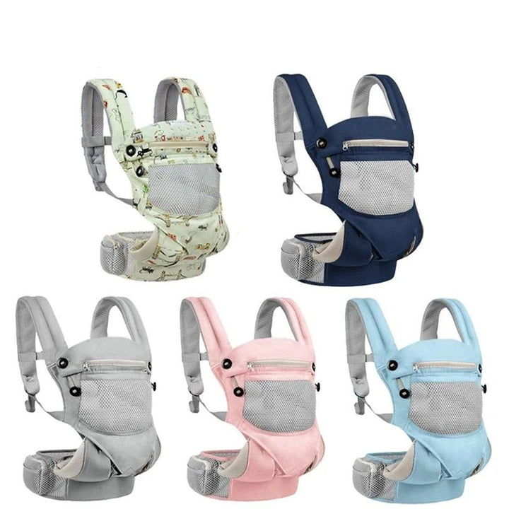 Side view of a parent wearing an ergonomic baby carrier, baby facing in, adjustable for comfort