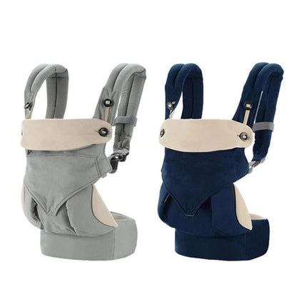 Front view of the ergonomic baby carrier, highlighting soft cotton and secure adjustable buckles