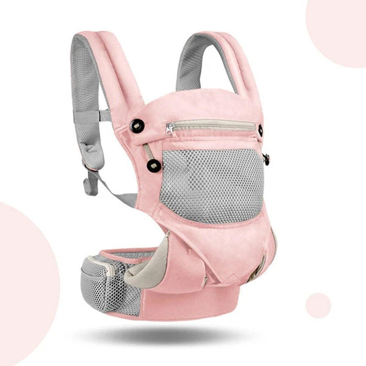 Happy baby in a supportive ergonomic cotton baby carrier, ideal for travel and daily use