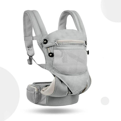 Unisex baby carrier in a boxed package, emphasizing newborn and infant safety and ergonomics