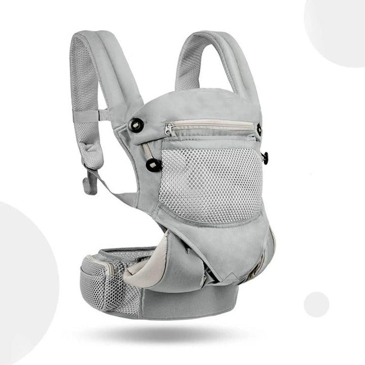 Unisex baby carrier in a boxed package, emphasizing newborn and infant safety and ergonomics