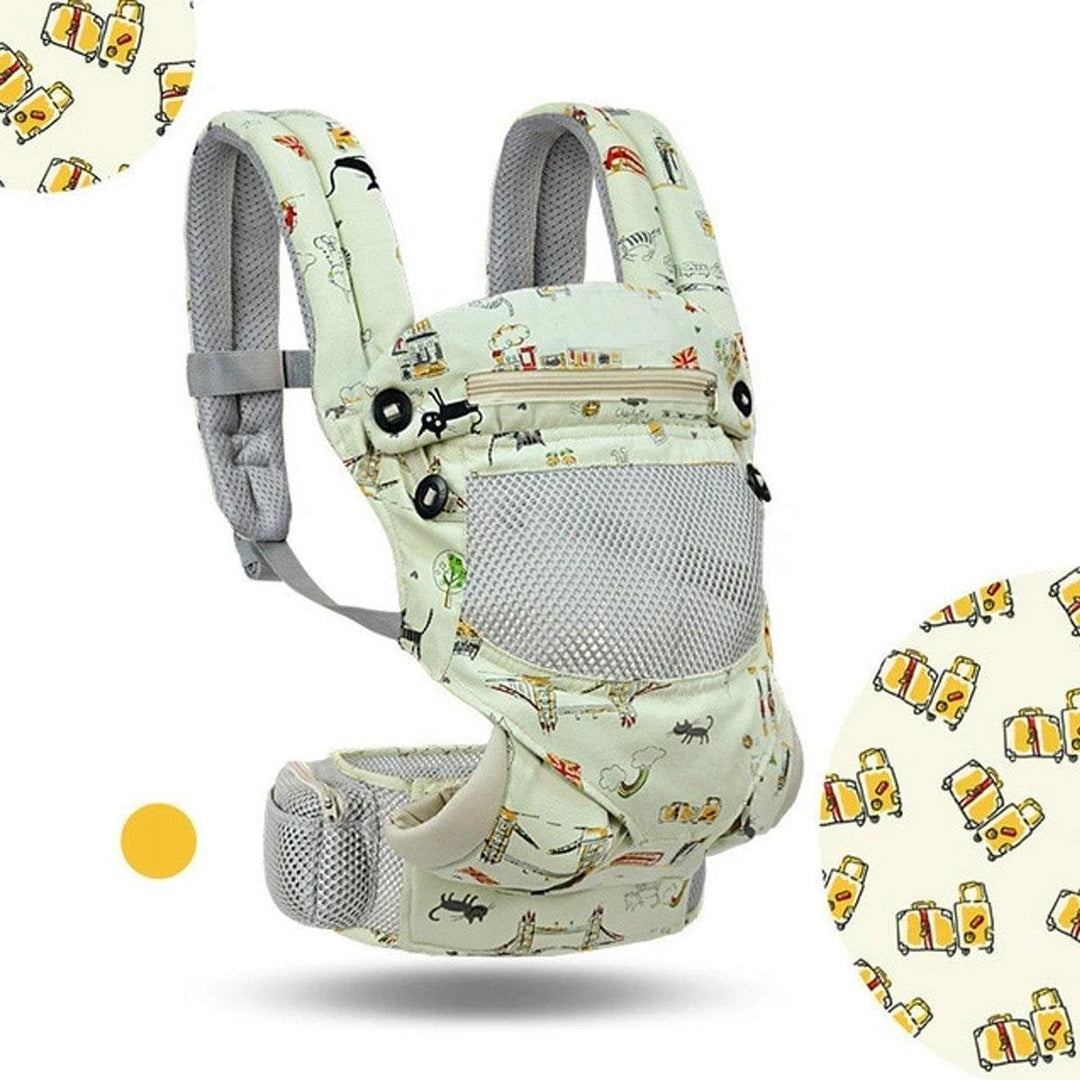 Parent adjusting the waist belt of an ergonomic baby holder, ensuring a snug and secure fit