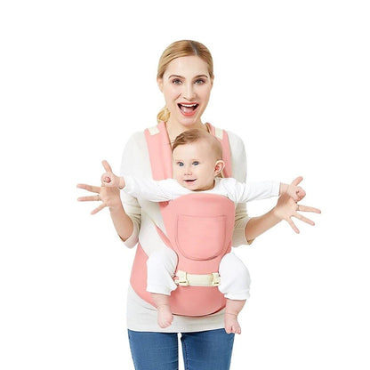 Unisex ergonomic baby carrier with hip seat in grey cotton, comfortable for newborn or toddler, hands-free.