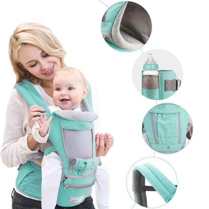 Unisex ergonomic baby carrier with hip seat in grey, ideal for newborn travel and parent comfort.