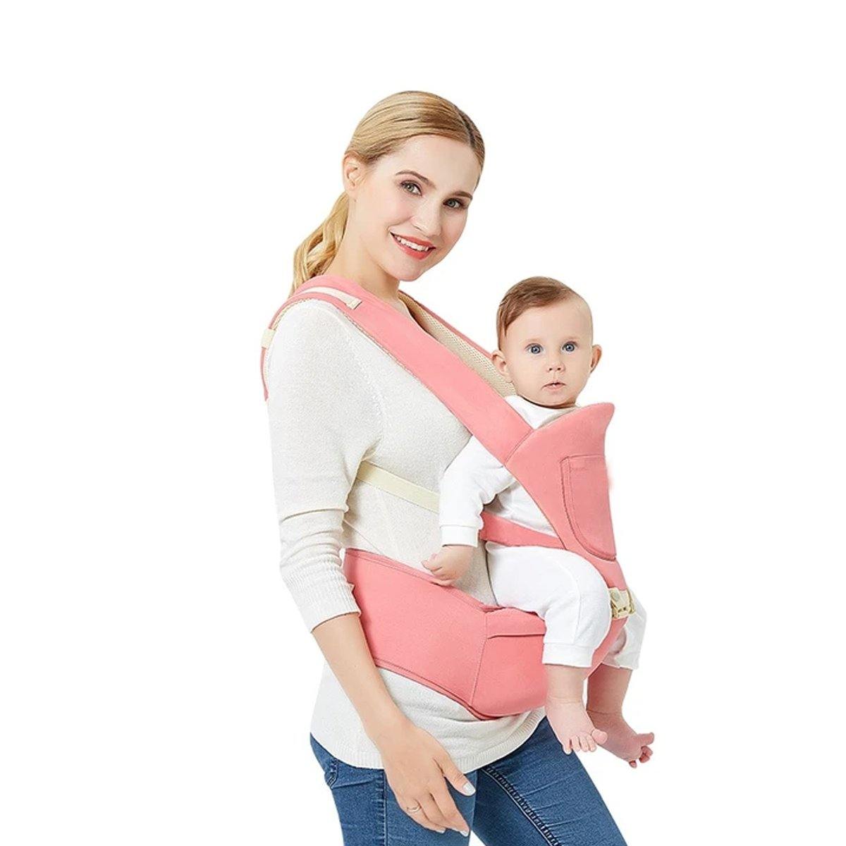 Breathable cotton baby carrier with hip seat, ergonomic design for unisex use, safely carrying a toddler.