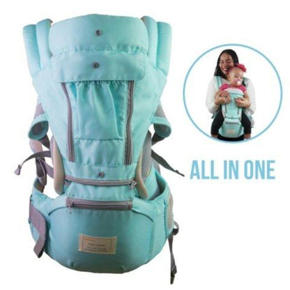 Adjustable multi-position baby carrier with integrated hip seat, suitable for toddlers and infants.
