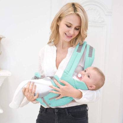 Ergonomic travel baby carrier with padded straps and hip support for comfortable extended wear.