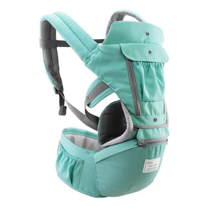 Parent wearing a unisex ergonomic baby carrier with hip seat, showcasing comfortable baby transport.