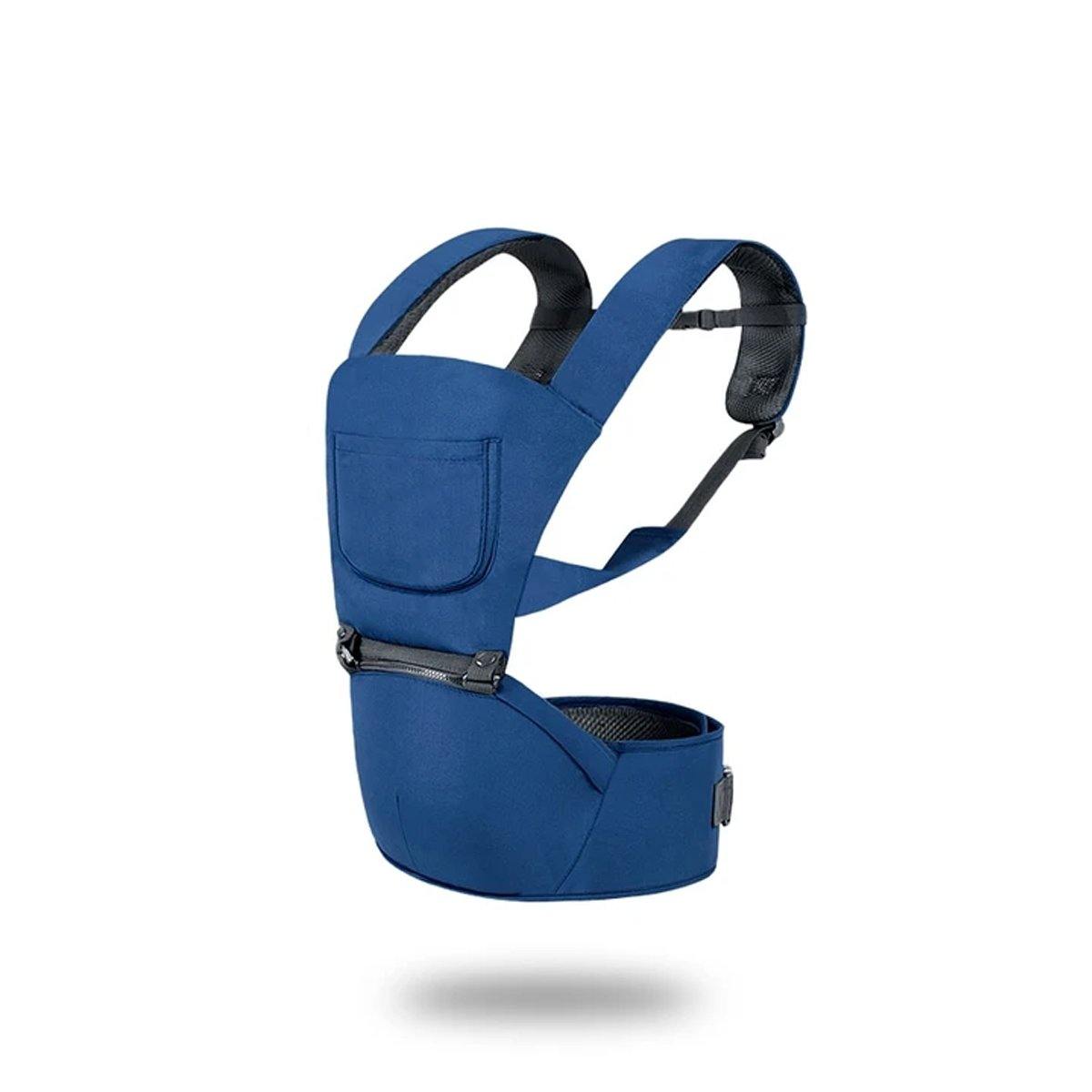 Unisex ergonomic baby carrier in a dark color with a supportive hip seat, ideal for hands-free newborn transport.