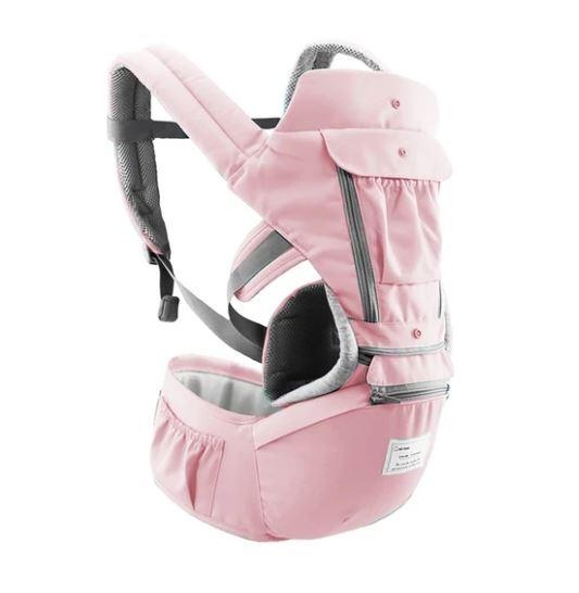 Detail of the ergonomic hip seat on a baby travel carrier, designed for child and parent comfort.