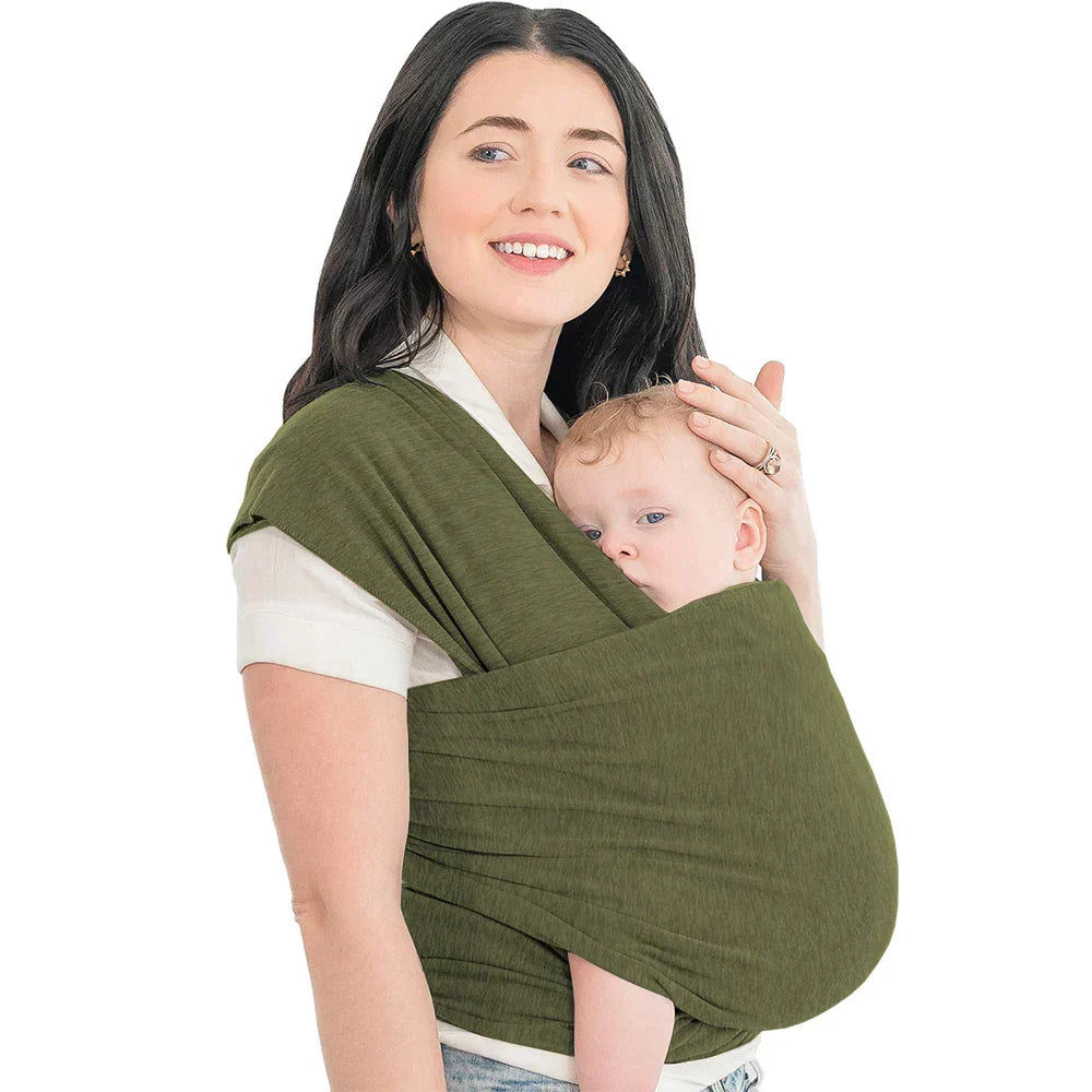 Adjustable ergonomic baby carrier wrap with wide shoulder straps for parent comfort, grey
