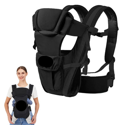 Mom wearing a toddler in a versatile 4-in-1 baby backpack carrier, black, ideal for hands-free errands.