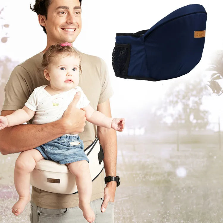 Unisex baby carrier with sturdy waist stool support, gray color.
