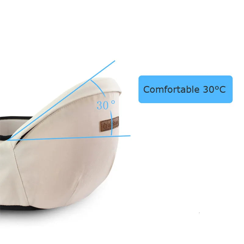 Ergonomic infant waist stool carrier, demonstrating adjustable buckle closure.