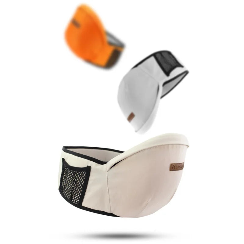 Back view of ergonomic baby waist stool carrier worn by parent.