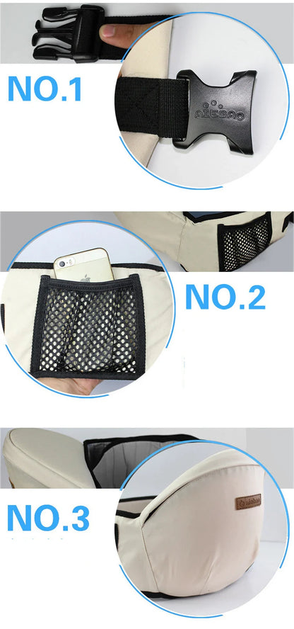 Detail shot of breathable fabric on ergonomic baby waist stool carrier.