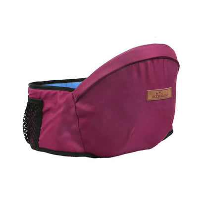 Interactive shot of parent and infant using ergonomic waist stool carrier.