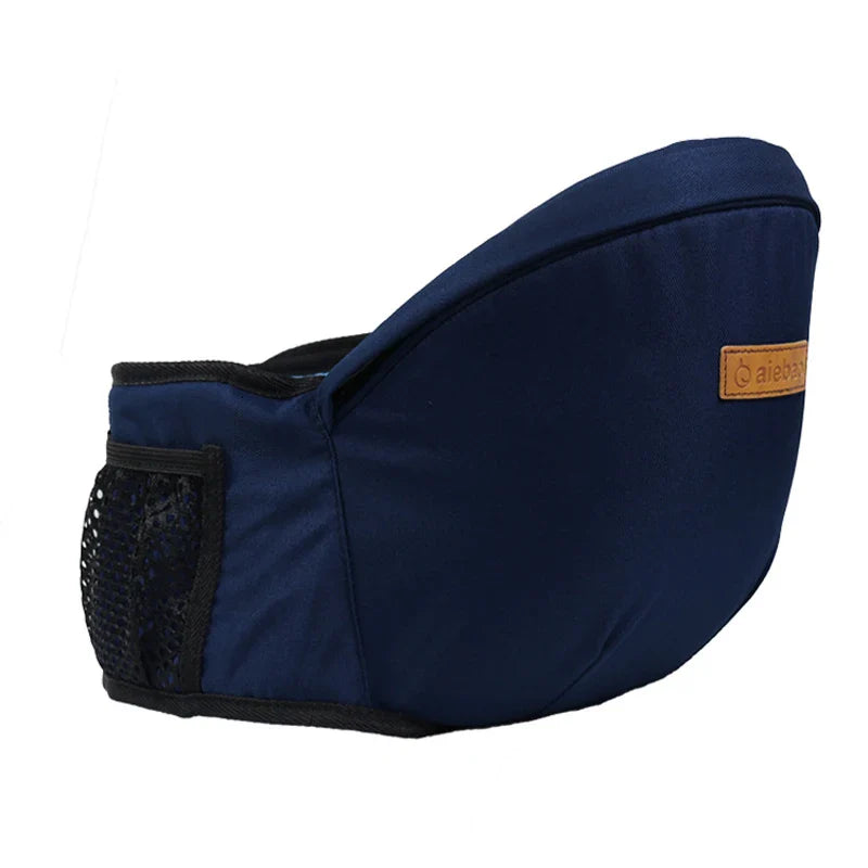 Baby gear: ergonomic waist stool carrier in black, for infants.