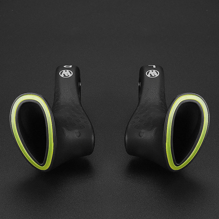 Fluorescent ergonomic bike grips providing superior comfort and visibility for road cyclists.
