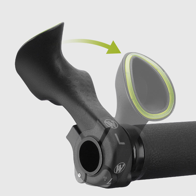 Road biking ergonomic grips, fluorescent for visibility, enhancing comfort and handling on rides.