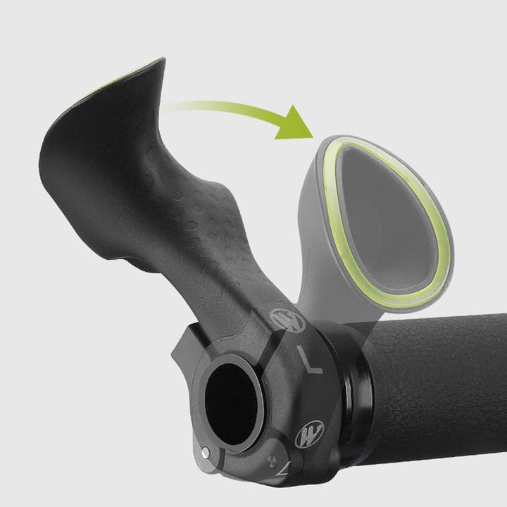 Road biking ergonomic grips, fluorescent for visibility, enhancing comfort and handling on rides.