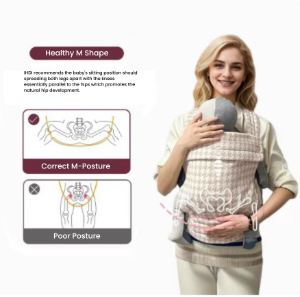 Breathable Mei Tai carrier worn by parent, ergonomic design for comfortable babywearing