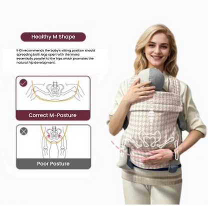 Breathable Mei Tai carrier worn by parent, ergonomic design for comfortable babywearing
