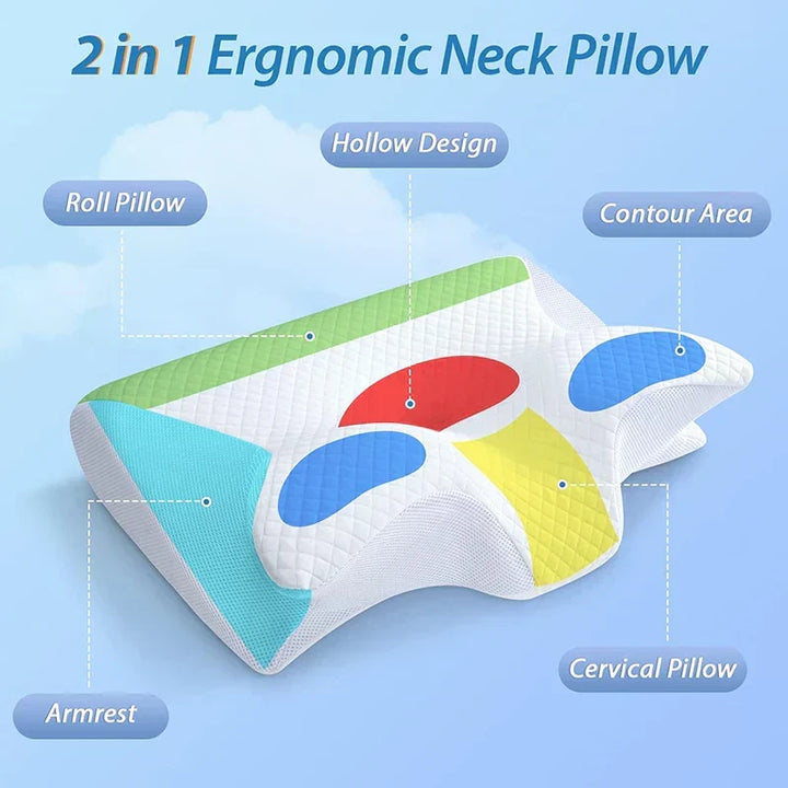 Ergonomic memory foam cervical pillow providing optimal neck support for back, side & stomach sleepers.