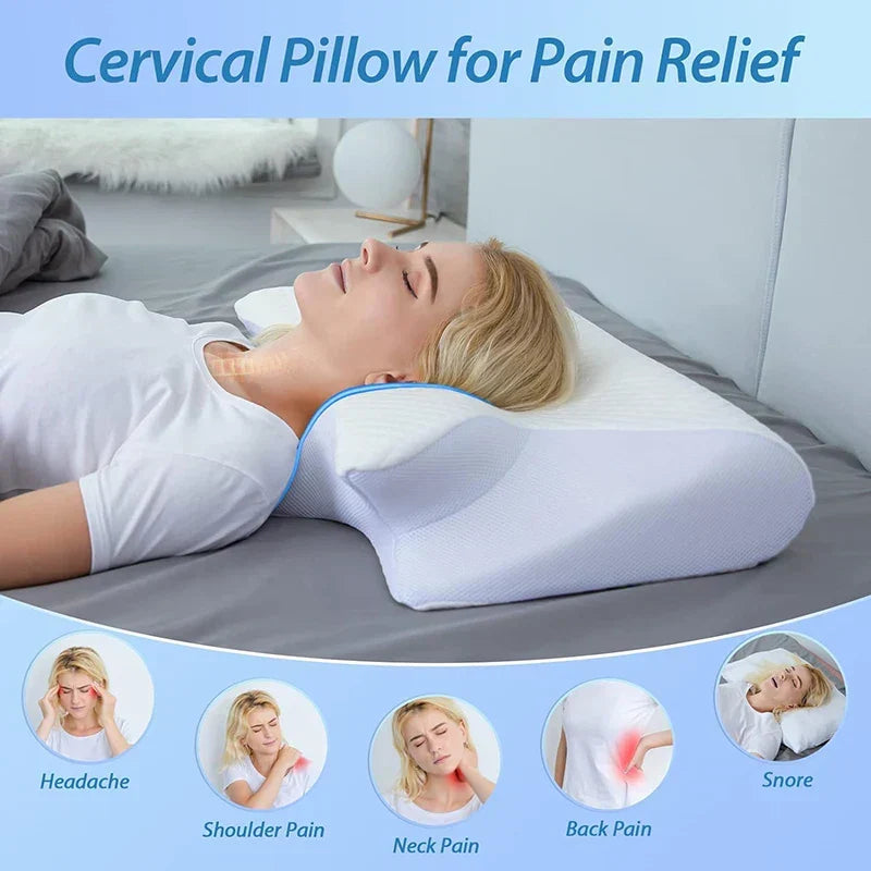 Premium memory foam cervical pillow, ergonomically contoured for comfortable neck support & alignment.