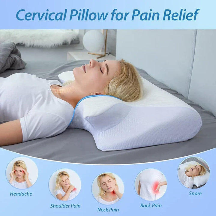 Premium memory foam cervical pillow, ergonomically contoured for comfortable neck support & alignment.