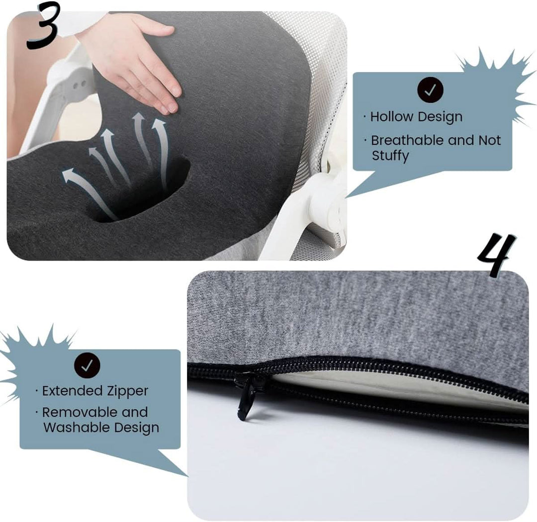 Premium memory foam seat cushion, contouring to hips & spine for superior back pain relief and support.