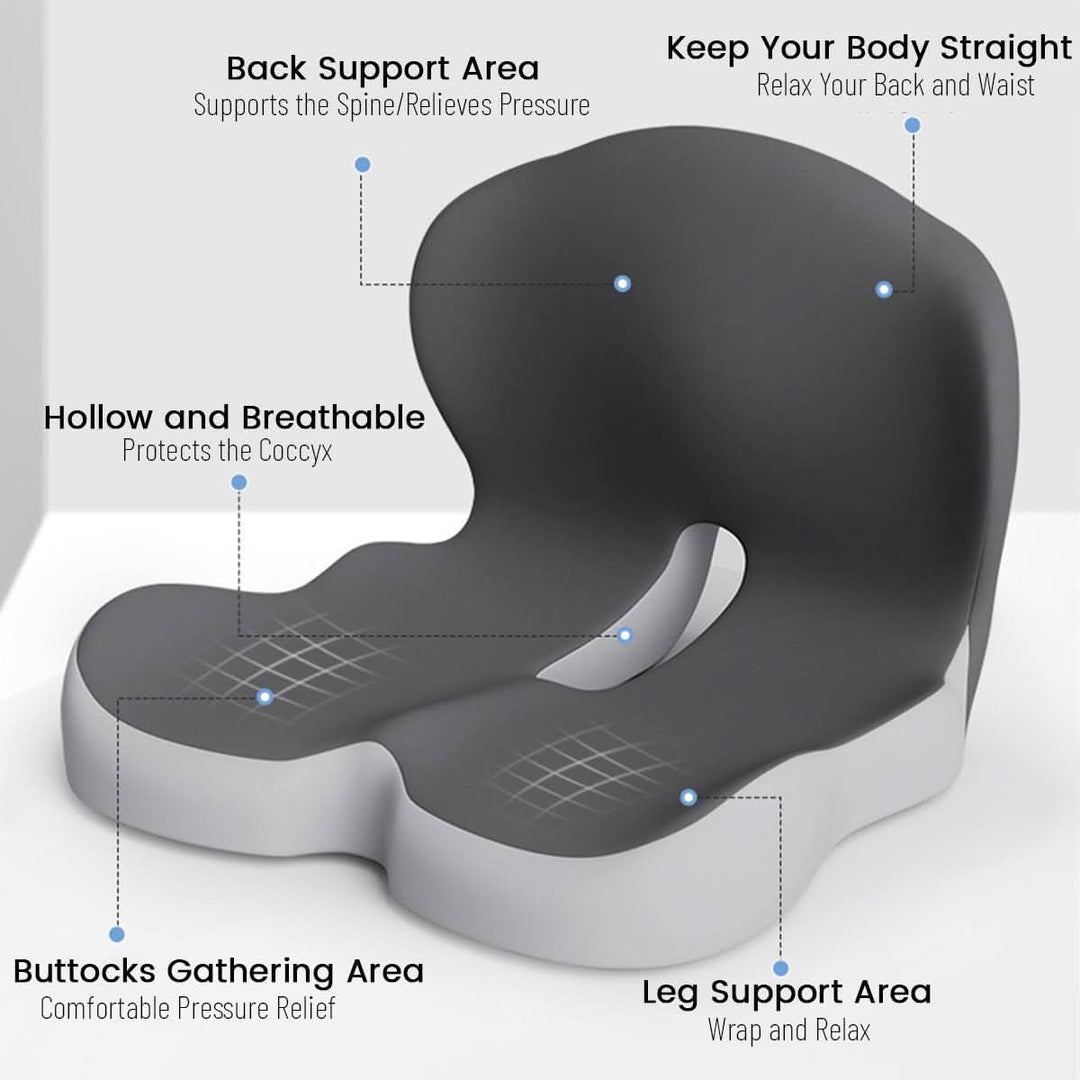 Ergonomic design seat cushion for posture correction, reducing spinal pressure & discomfort for all-day comfort.