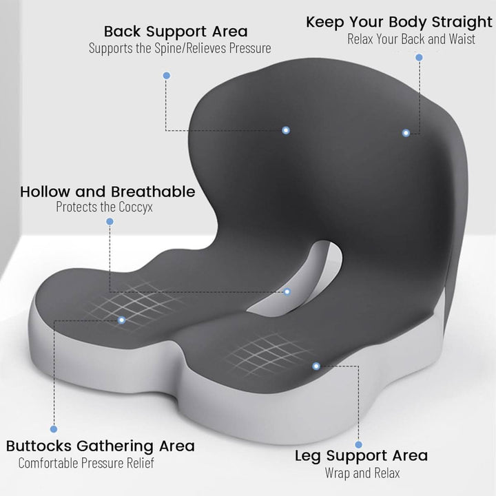 Ergonomic design seat cushion for posture correction, reducing spinal pressure & discomfort for all-day comfort.