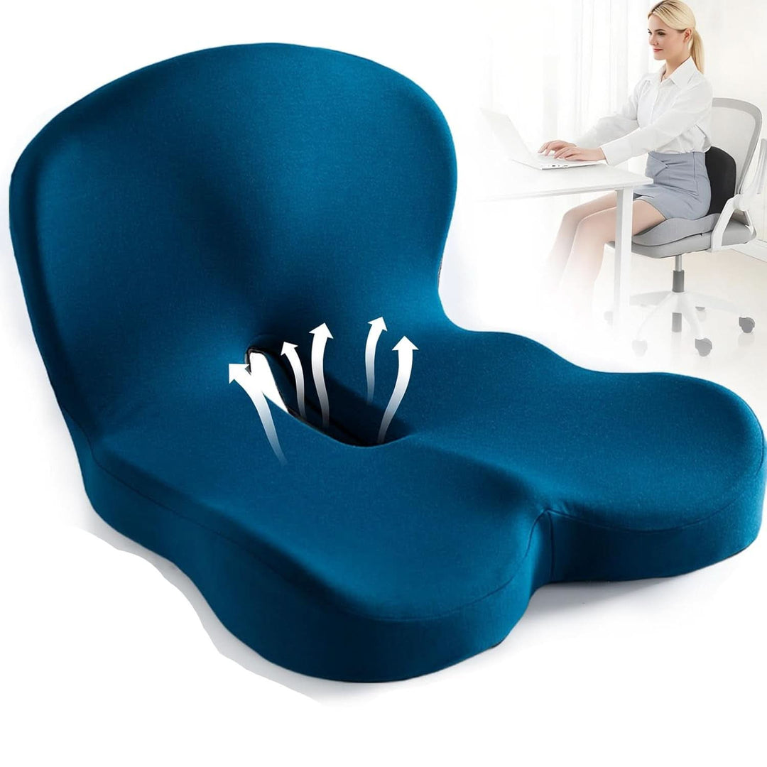 Cooling memory foam seat cushion for lasting comfort & back pain relief, featuring a breathable washable cover.