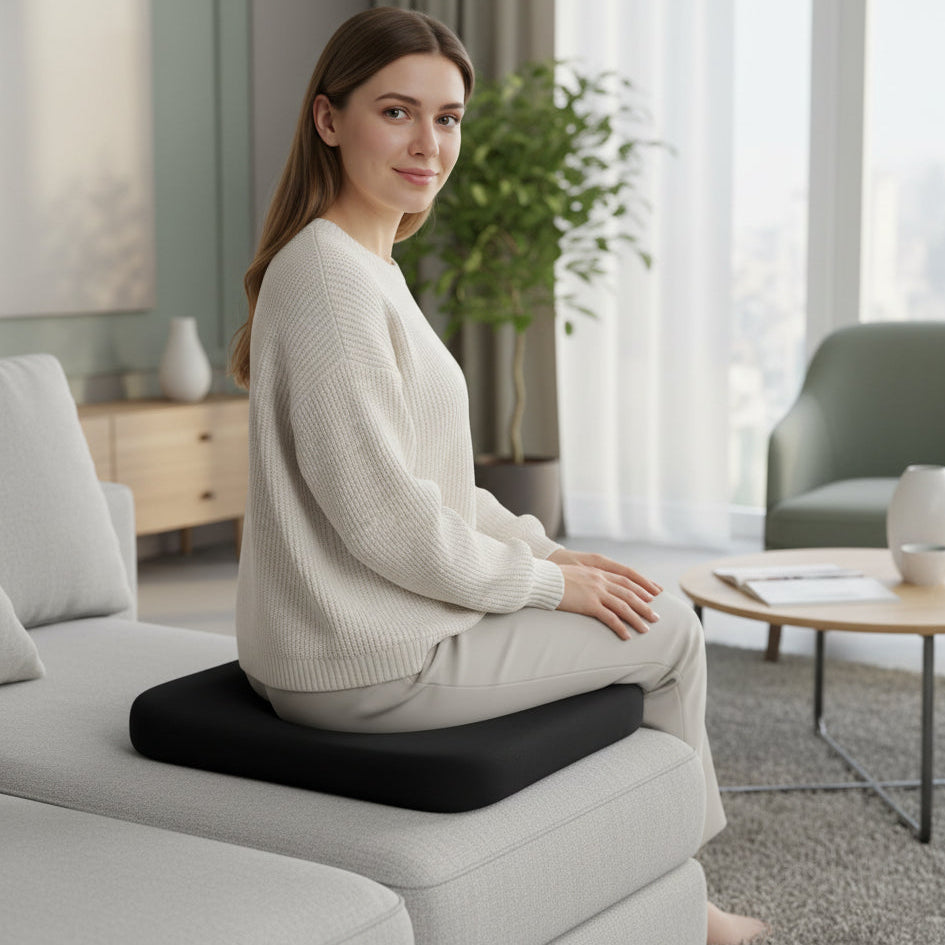 Non-slip car seat cushion, ideal for travel, offers ultimate comfort & back pain relief.