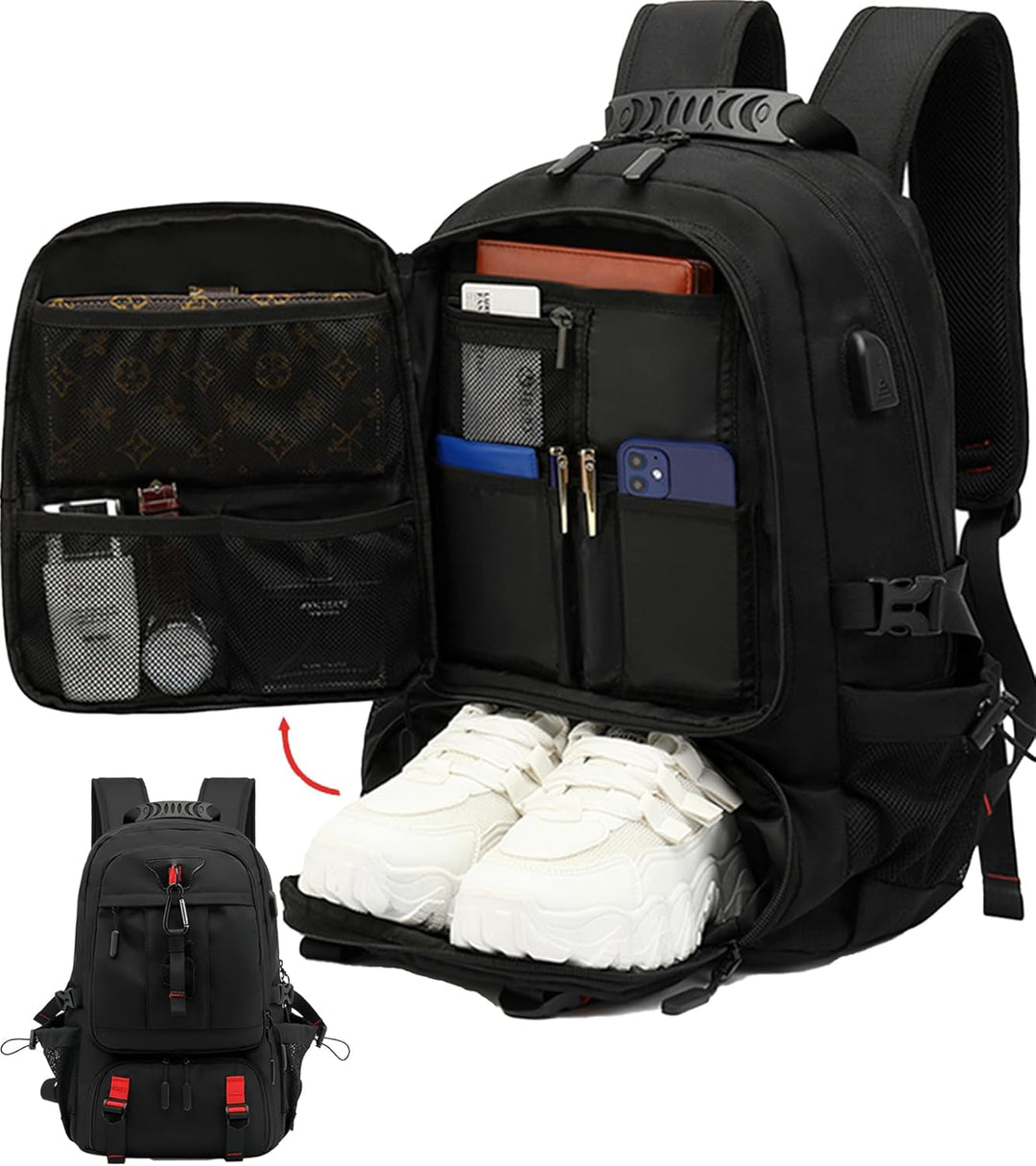 Unisex expandable travel backpack with USB charging port & large capacity for convenient journeys.