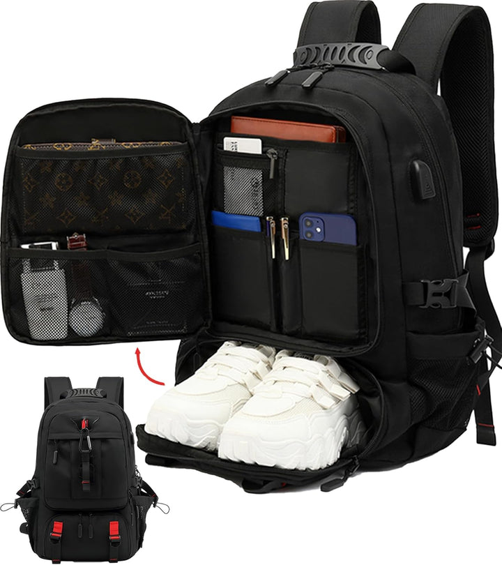 Unisex expandable travel backpack with USB charging port & large capacity for convenient journeys.