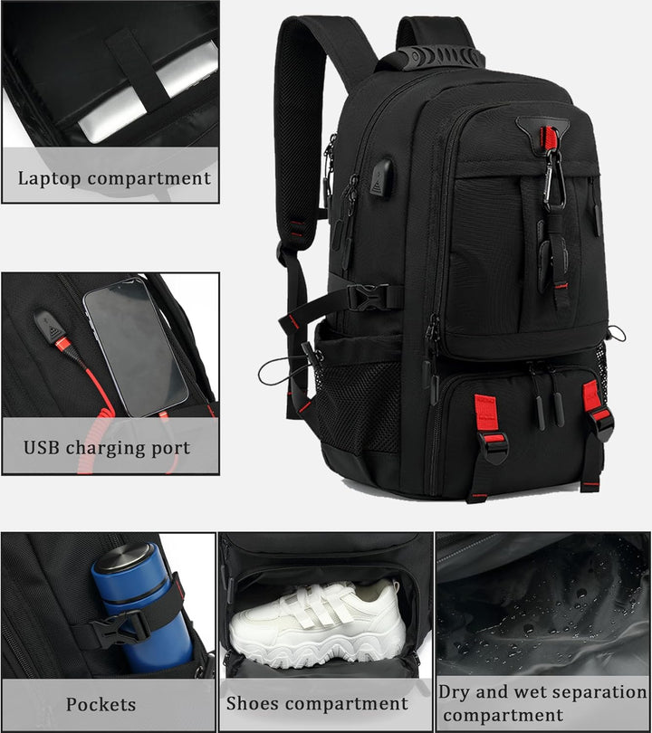 Stylish black unisex carry-on travel backpack, perfect for business trips & outdoor adventures with ample storage.