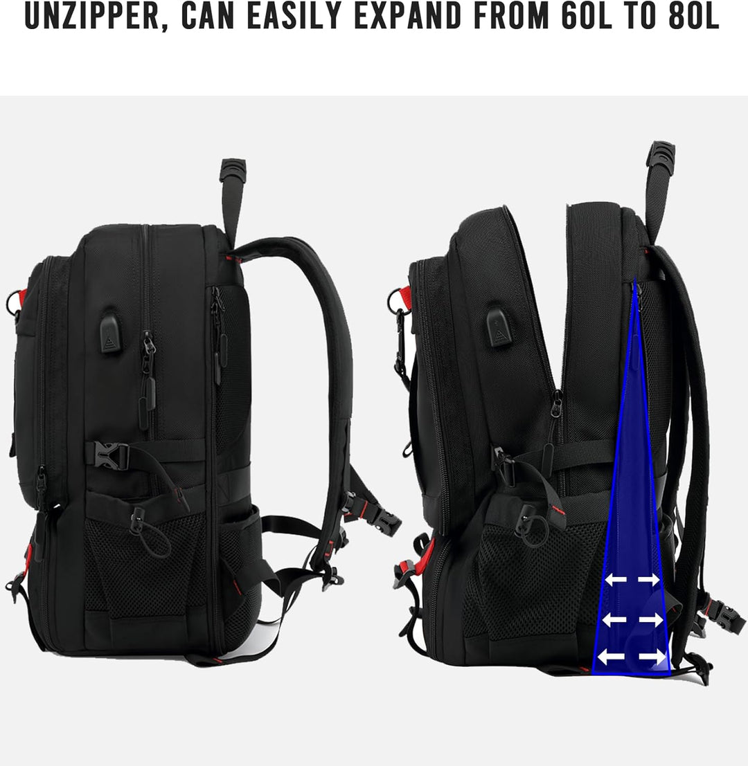 Versatile expandable travel luggage backpack, ideal as a carry-on, with USB charging for men & women travelers.