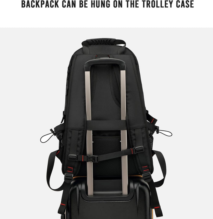 Modern black travel backpack with large capacity, expandable design, and integrated USB port for all your essentials.