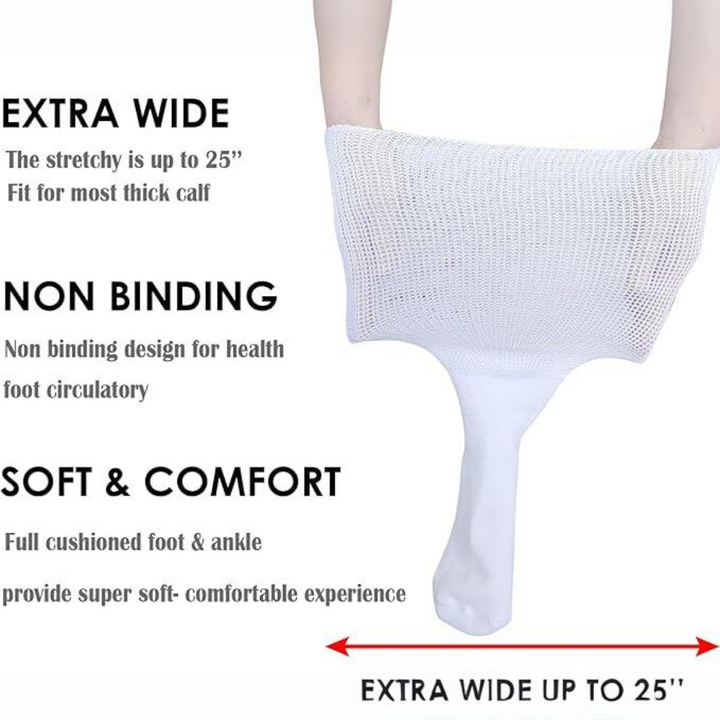 Unisex non-binding wide socks for diabetic & lymphedema relief. Supports swollen feet & legs, comfort fit.