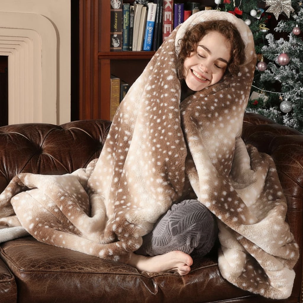 Soft faux fur deer motif blanket, plush reversible throw perfect for cozy living room decor.