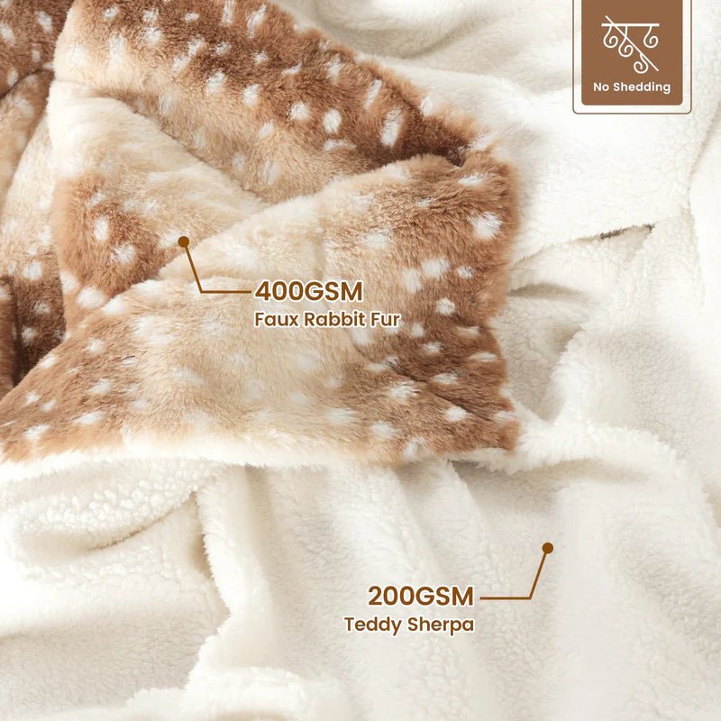 Cozy faux fur deer blanket, a plush reversible throw for winter warmth & comfort; great gift idea.