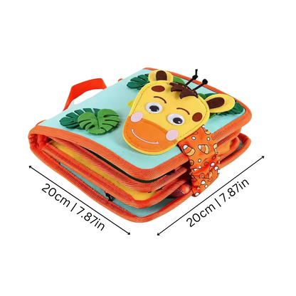 Toddler engaged with a colorful felt Montessori activity book, promoting preschool learning and play