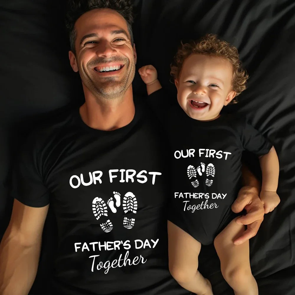 Unisex 'First Father's Day' matching t-shirts & baby romper set in white, perfect new dad gift