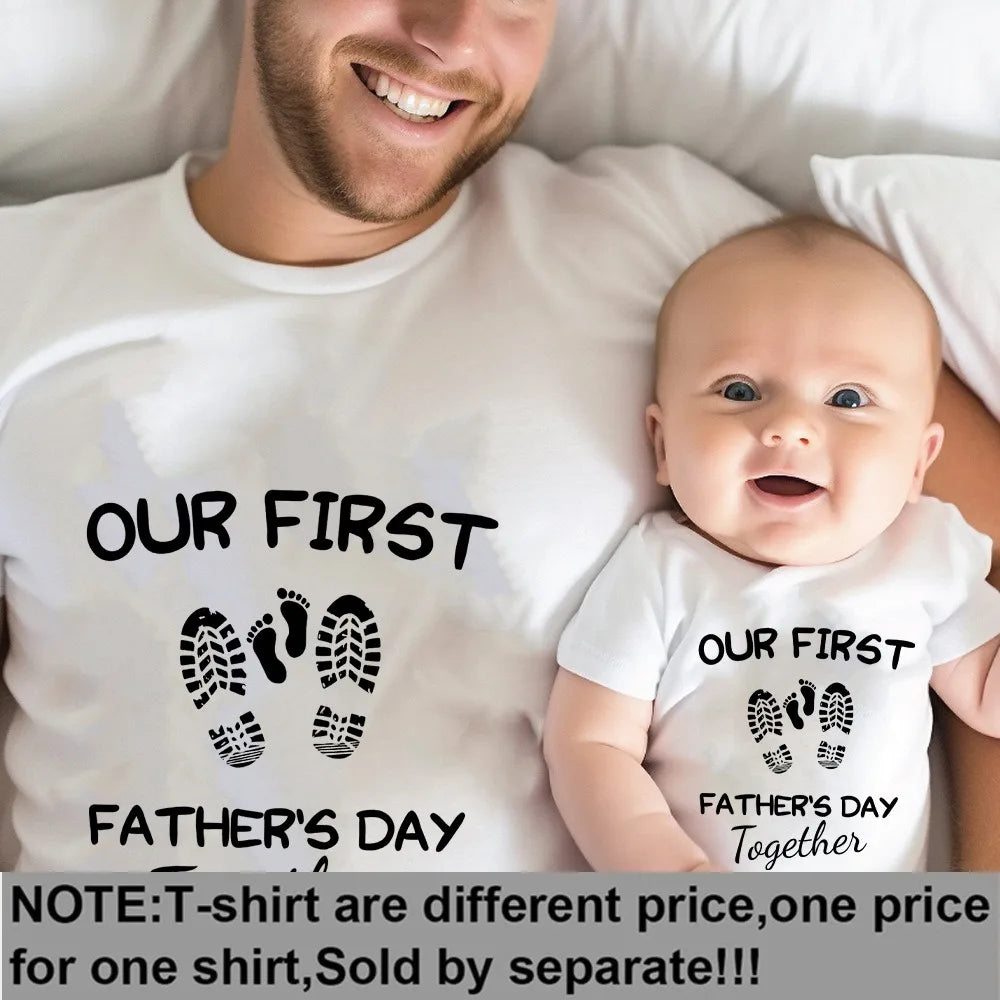 Dad and baby wearing matching 'First Father's Day' t-shirts and romper, celebrating fathers day