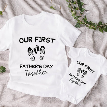 Gift set: white 'First Father's Day' matching t-shirt for dad and baby romper, new dad present