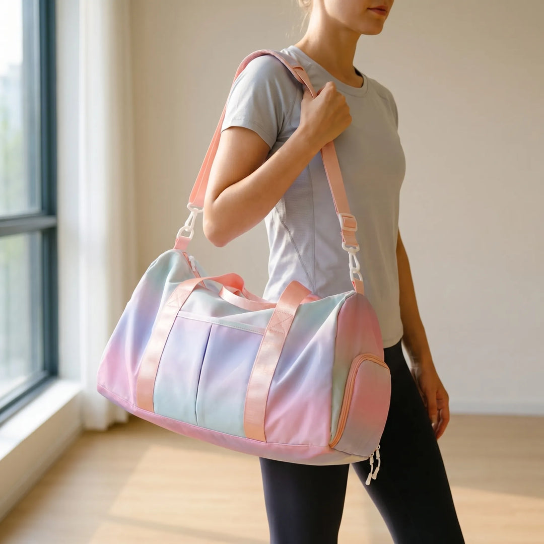 Unisex fitness gym duffel bag featuring a wet pocket & separate shoe storage. Perfect for workouts, sports, & travel.