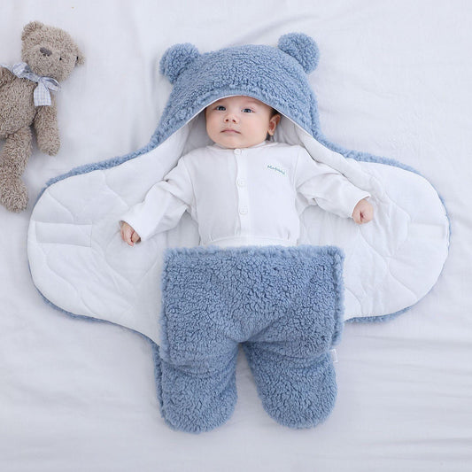 Unisex fluffy fleece baby swaddle blanket with bear ears, perfect newborn wrap for infant sleep.